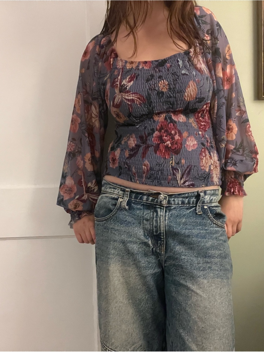 Anthropologie Lavender Floral Smocked Camisole with Sheer Puff Sleeves